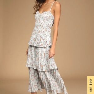 Lulus Cascading Crush Blue Floral Print Tiered Bustier Midi Dress